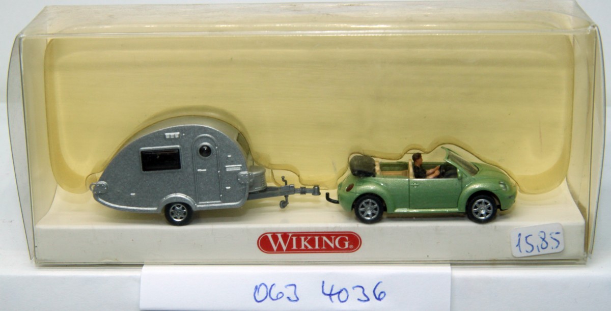 Wiking 0634036, VW New Beetle with caravan, for H0 gauge, with original box
