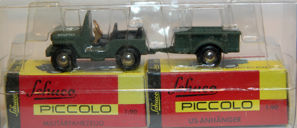 Schuco Piccolo 01902 Militärfahrzeug Willys Jeep mit US Anhänger, 1:90 Metallmodell, in OVP