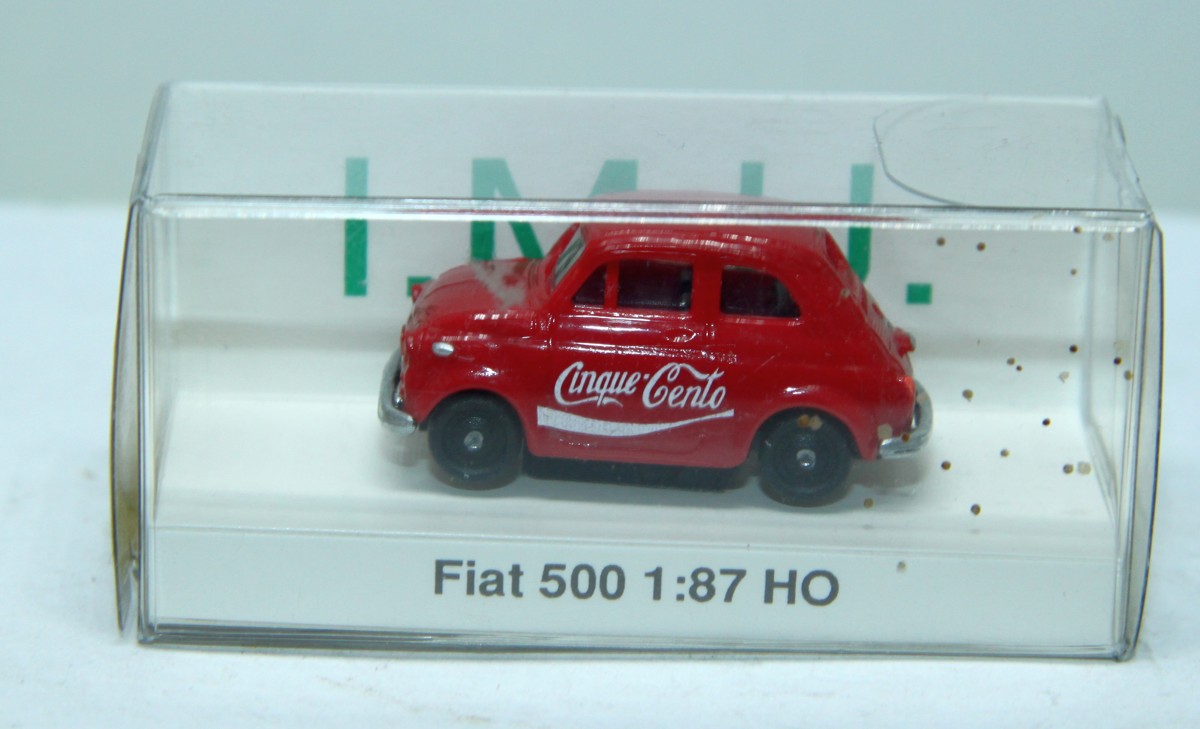 IMU 00502, Fiat 500 mit Aufschrift "Coca Cola", rot, für Spur H0, in Originalverpackung