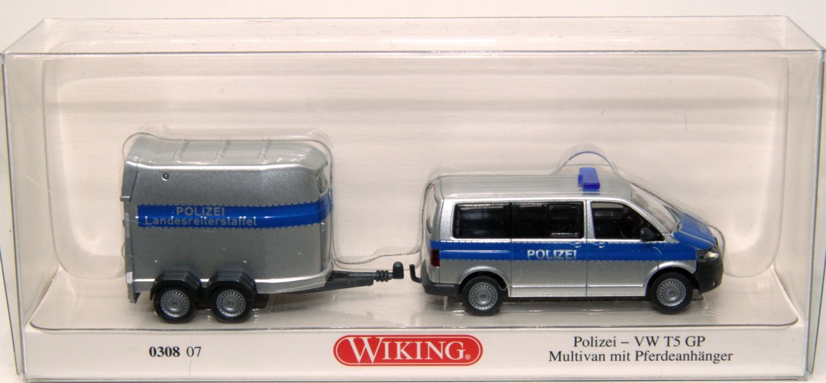 Wiking 030807, Polizei - VW T5 GP Multivan mit Pferdeanhänger, Epoche VI