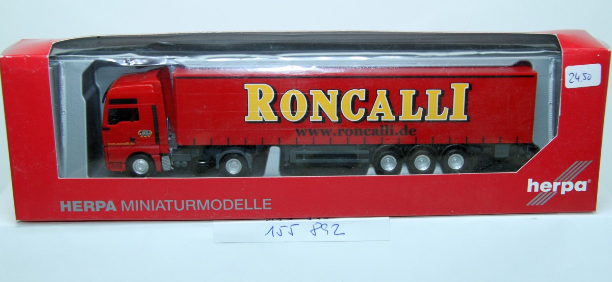 Herpa 155892, MAN TGA XXL curtainsider semitrailer, "Circus Roncalli" , for H0 gauge, 