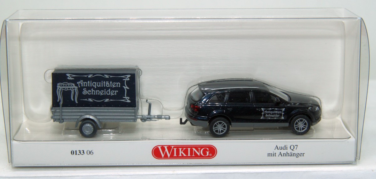 Wiking 013306, Audi Q7 mit Anhänger, Epoche VI, schwarz, für Spur H0, mit Originalverpackung