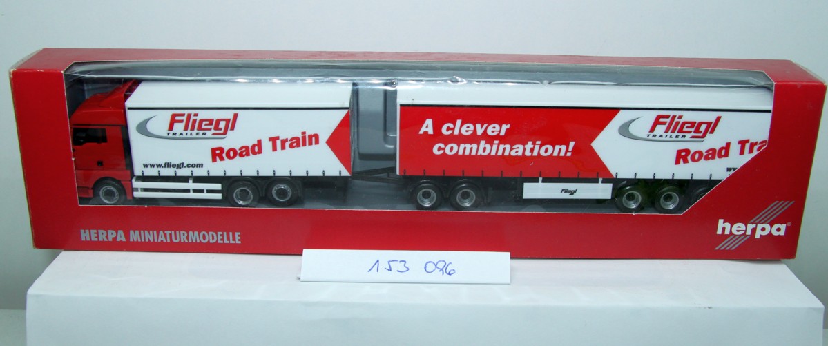 Herpa 153096, MAN TGA XLX curtainsider trailer train, MAN Gigaliner, "Fliegl Road Train", 