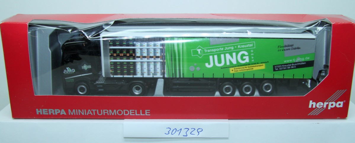 Herpa 301329, Mercedes-Benz Actros Bigspace curtainsider semitrailer tractor "TJ Jung", 