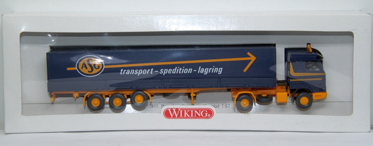 Wiking 51801, Scania Pritschen Lastzug mit Aufschrift "ASG Transport Spedition", füpr Spur H0, mit Originalverpackung