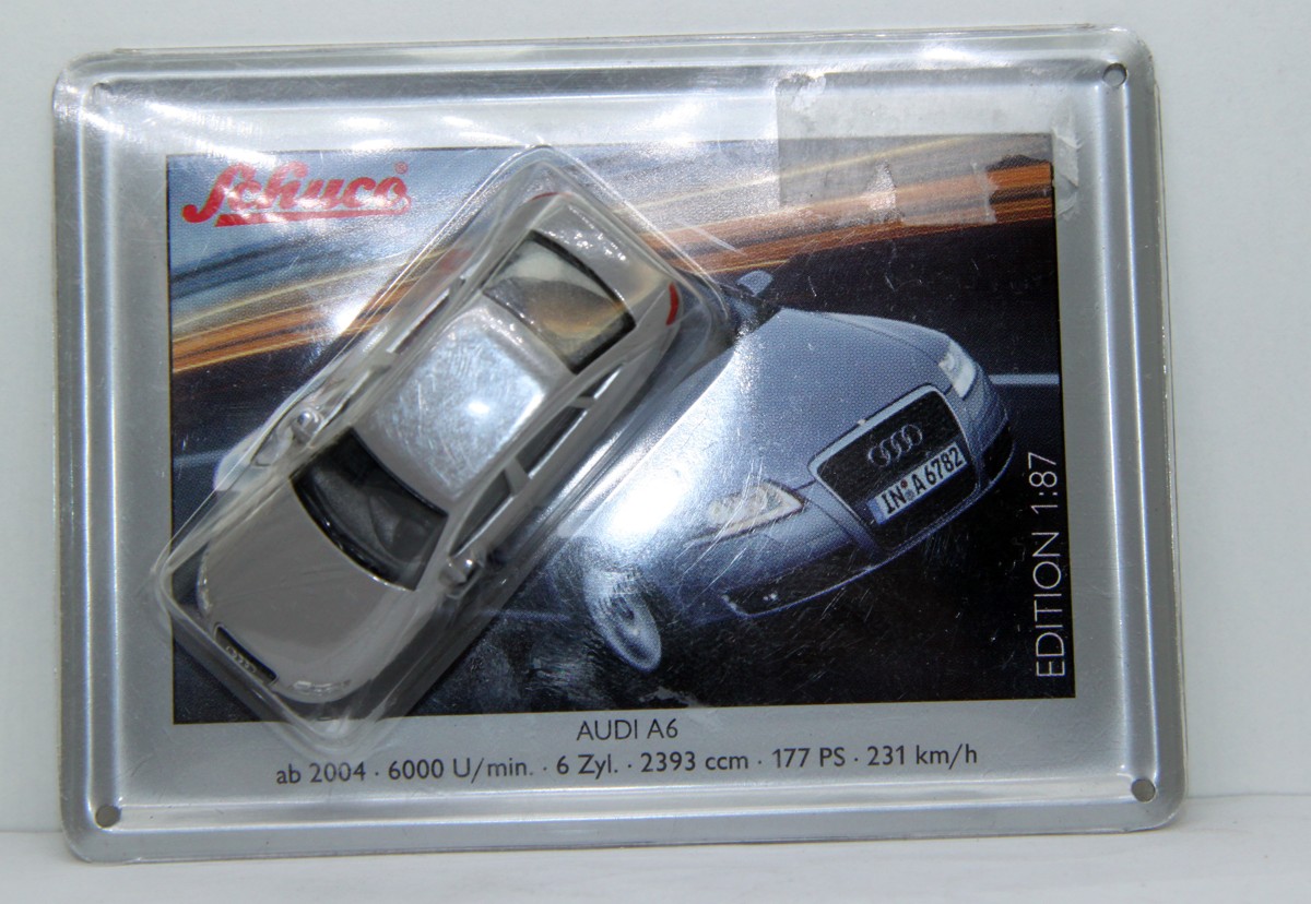 Schuco 26919,  auf Blechschild Audi A6, silbern, für Spur H0, mit OVP