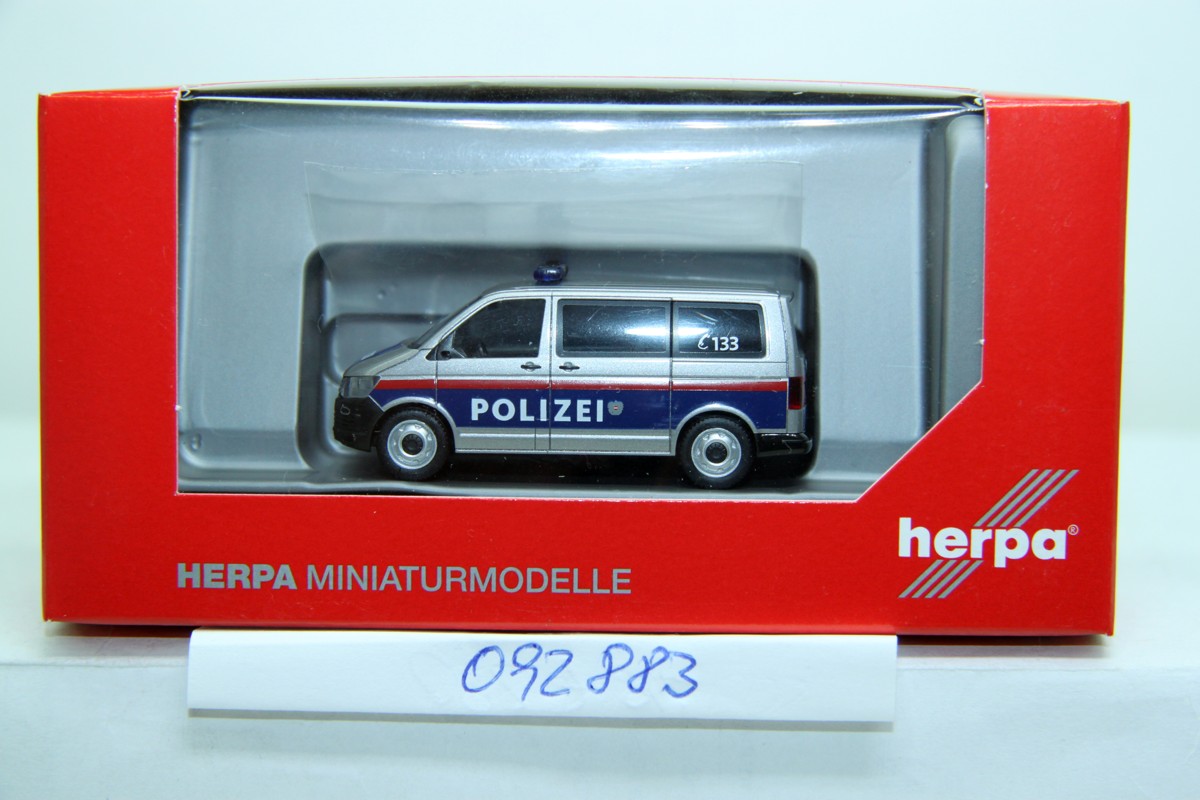 Herpa 092883, passenger car VW T6, bus police Austria, track H0,