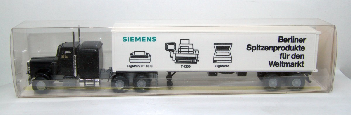  Wiking 527/129, US Truck Koffersattelzug mit Aufschrift Siemens Berliner Spitzenprodukte für den Weltmarkt, für Spur H0, mit OVP 