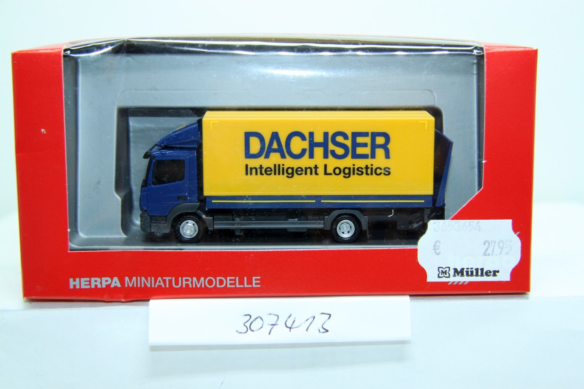 Herpa 307413, Mercedes-Benz Atego, tarpaulin truck with tail lift, "Dachser", for H0 gauge, 