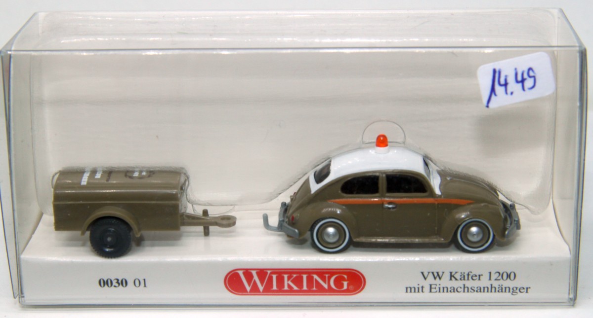 Wiking 003001, VW Beetle 1200 with single axle trailer "Schlotmann" , for H0 gauge, with original box