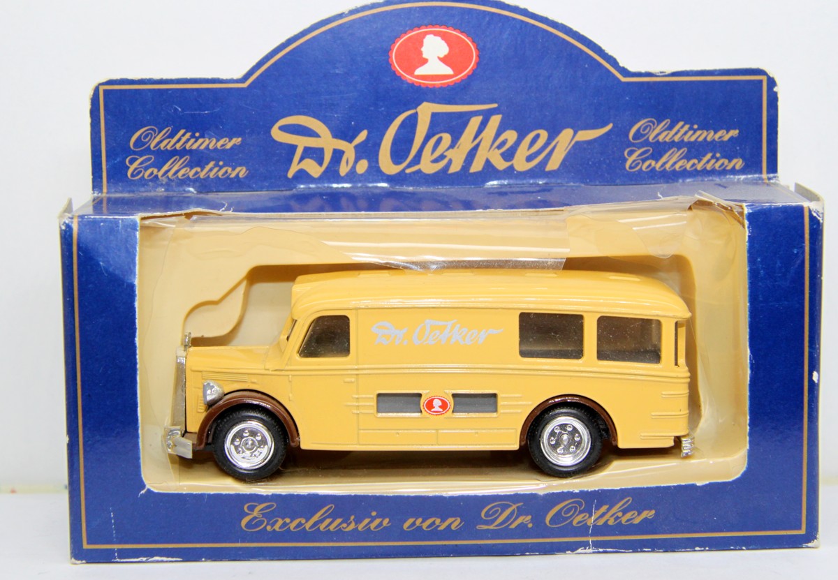 Lledo Dr Oetker Oldtimer Collection, Mercedes-Bus, "Dr. Oetker", beige, Maßstab 1:43, in defekter Originalverpackung